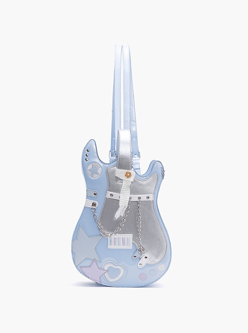 Cool Contrasting Design Unique Guitar Shape Punk Metal Rivet Chain Decoration Kawaii Fashion Bag