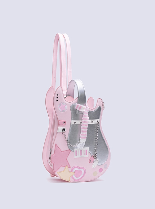 Cool Contrasting Design Unique Guitar Shape Punk Metal Rivet Chain Decoration Kawaii Fashion Bag