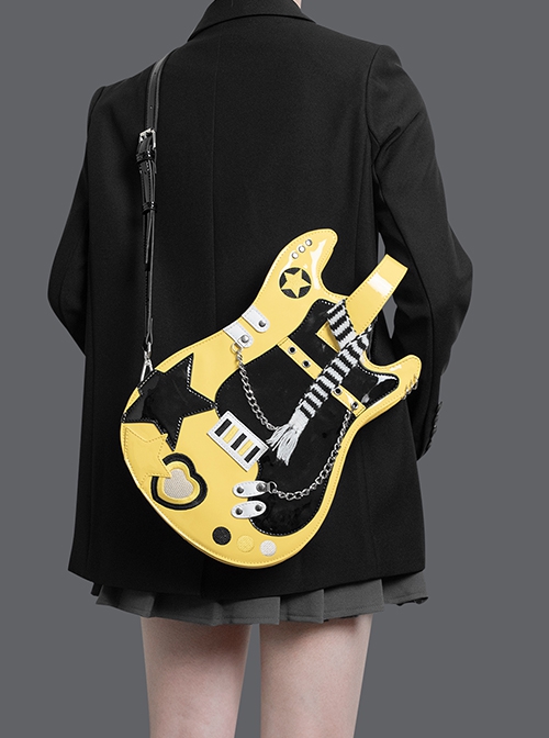 Cool Contrasting Design Unique Guitar Shape Punk Metal Rivet Chain Decoration Kawaii Fashion Bag