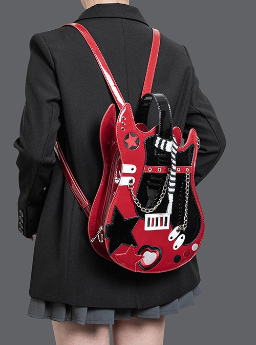 Cool Contrasting Design Unique Guitar Shape Punk Metal Rivet Chain Decoration Kawaii Fashion Bag