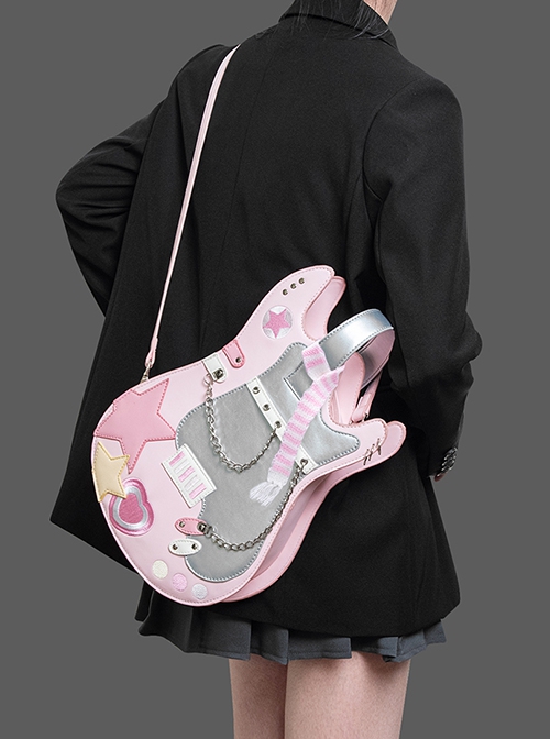 Cool Contrasting Design Unique Guitar Shape Punk Metal Rivet Chain Decoration Kawaii Fashion Bag