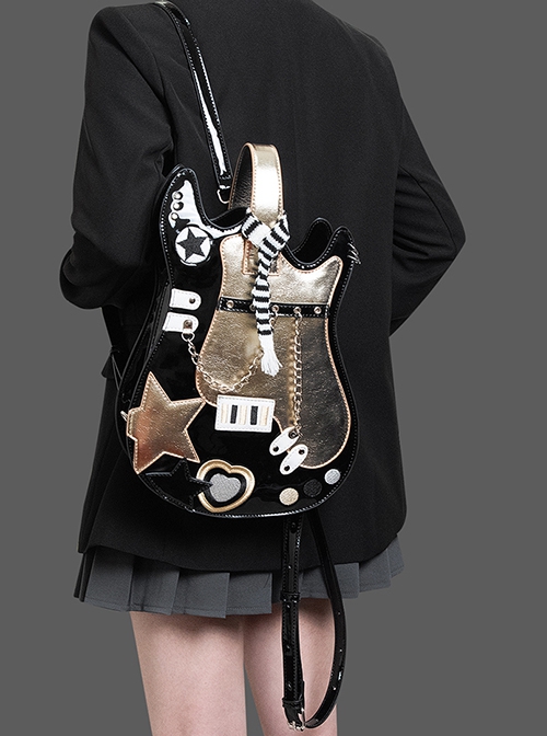 Cool Contrasting Design Unique Guitar Shape Punk Metal Rivet Chain Decoration Kawaii Fashion Bag