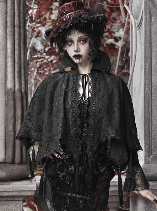 Scarlet Blood Peak Series Gothic Punk Black Lace Vampire Dracula Tassel Stand Collar Shawl Coat