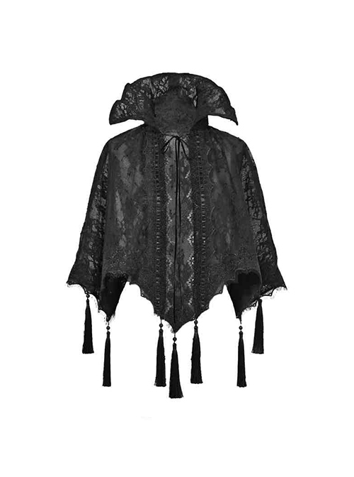 Scarlet Blood Peak Series Gothic Punk Black Lace Vampire Dracula Tassel Stand Collar Shawl Coat