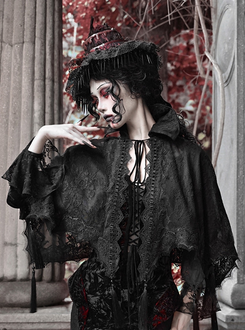 Scarlet Blood Peak Series Gothic Punk Black Lace Vampire Dracula Tassel Stand Collar Shawl Coat