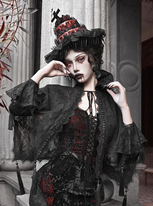 Scarlet Blood Peak Series Gothic Punk Black Lace Vampire Dracula Tassel Stand Collar Shawl Coat