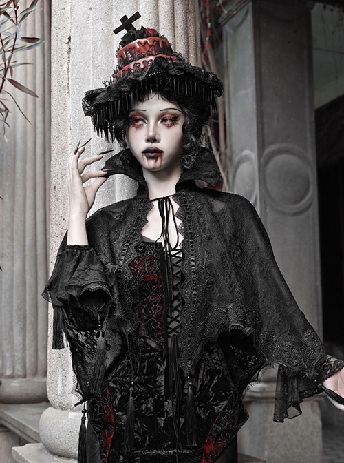 Scarlet Blood Peak Series Gothic Punk Black Lace Vampire Dracula Tassel Stand Collar Shawl Coat