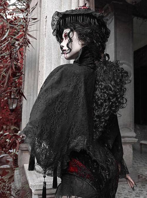 Scarlet Blood Peak Series Gothic Punk Black Lace Vampire Dracula Tassel Stand Collar Shawl Coat