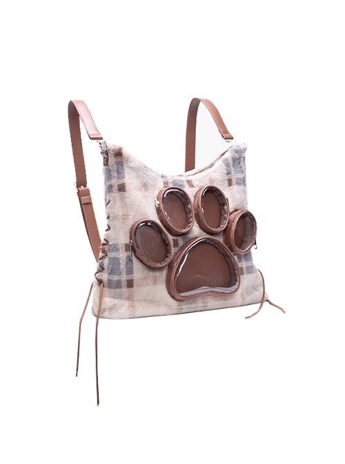 Cute Plush Cat Paw Pattern Cross Straps Large Capacity Kawaii Fashion Shoulder Crossbody Bag