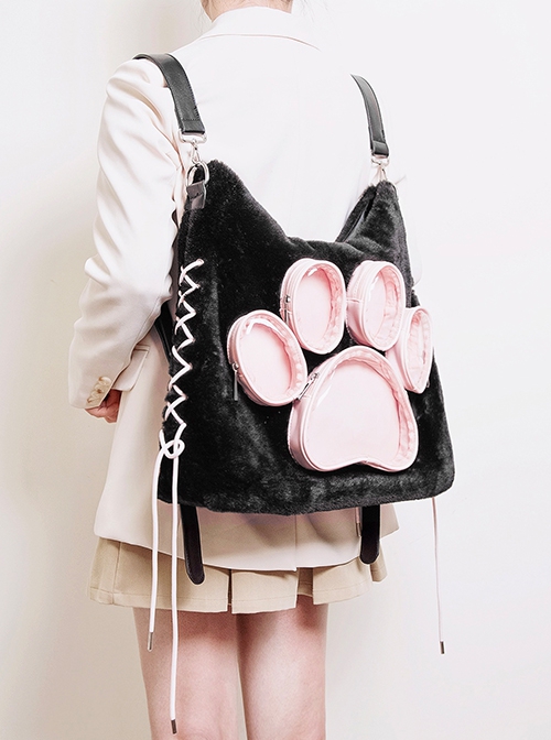 Cute Plush Cat Paw Pattern Cross Straps Large Capacity Kawaii Fashion Shoulder Crossbody Bag