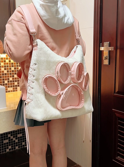 Cute Plush Cat Paw Pattern Cross Straps Large Capacity Kawaii Fashion Shoulder Crossbody Bag