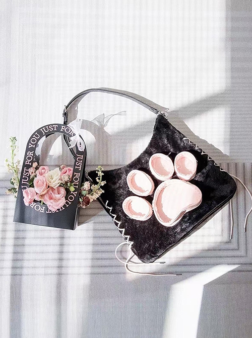 Cute Plush Cat Paw Pattern Cross Straps Large Capacity Kawaii Fashion Shoulder Crossbody Bag