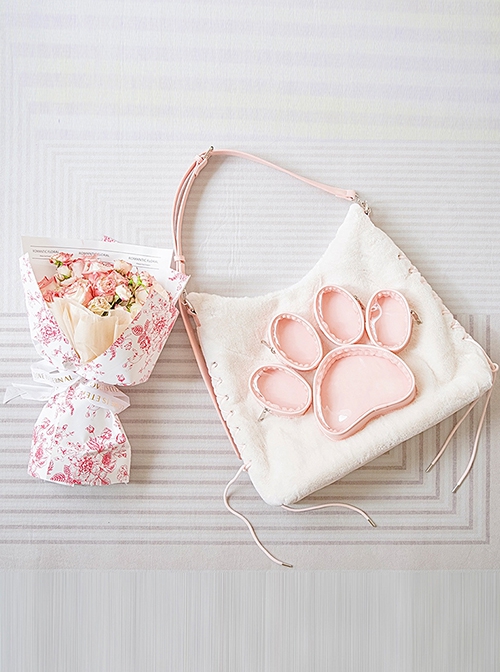 Cute Plush Cat Paw Pattern Cross Straps Large Capacity Kawaii Fashion Shoulder Crossbody Bag