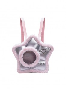 Silver Pink Splicing Metal Heart Belt Unique Five Pointed Star Shape Large Capacity Kawaii Fashion Backpack