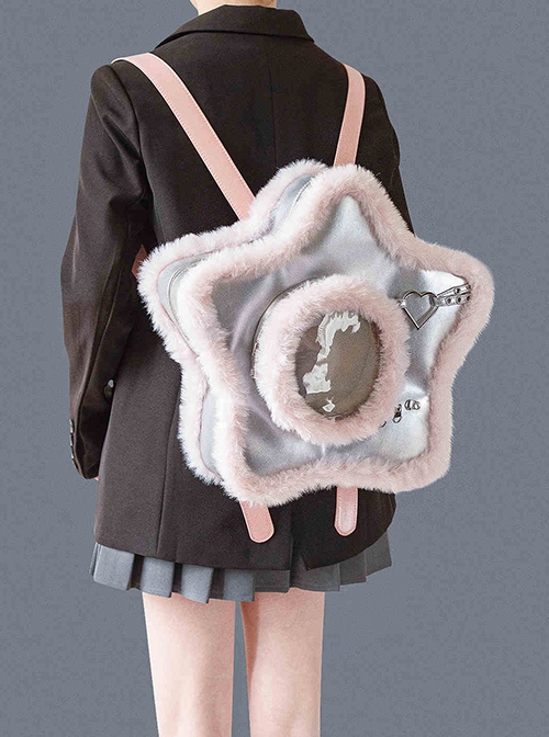 Silver Pink Splicing Metal Heart Belt Unique Five Pointed Star Shape Large Capacity Kawaii Fashion Backpack