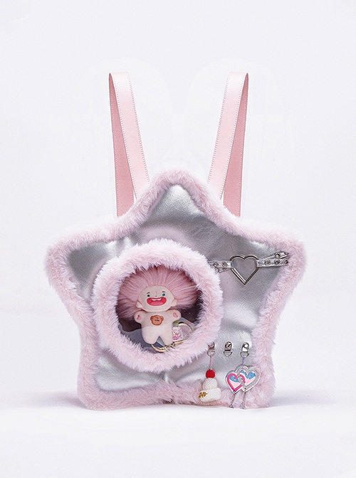 Silver Pink Splicing Metal Heart Belt Unique Five Pointed Star Shape Large Capacity Kawaii Fashion Backpack