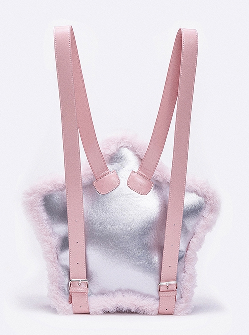 Silver Pink Splicing Metal Heart Belt Unique Five Pointed Star Shape Large Capacity Kawaii Fashion Backpack