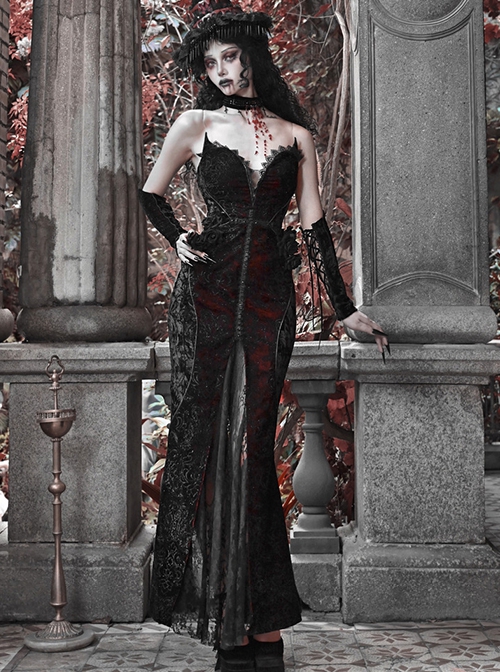 Scarlet Blood Peak Series Gothic Punk Black Heart Velvet Glitter Jacquard Lace Sexy Fishtail Tube Top Dress