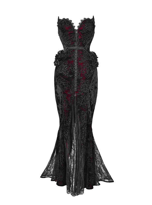 Scarlet Blood Peak Series Gothic Punk Black Heart Velvet Glitter Jacquard Lace Sexy Fishtail Tube Top Dress