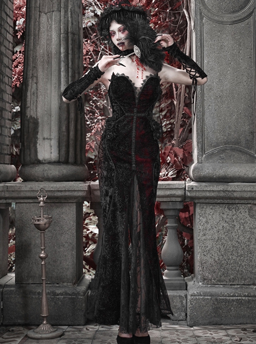 Scarlet Blood Peak Series Gothic Punk Black Heart Velvet Glitter Jacquard Lace Sexy Fishtail Tube Top Dress