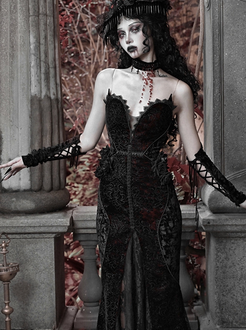 Scarlet Blood Peak Series Gothic Punk Black Heart Velvet Glitter Jacquard Lace Sexy Fishtail Tube Top Dress