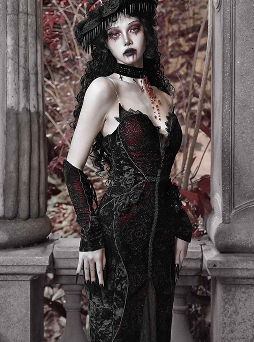 Scarlet Blood Peak Series Gothic Punk Black Heart Velvet Glitter Jacquard Lace Sexy Fishtail Tube Top Dress