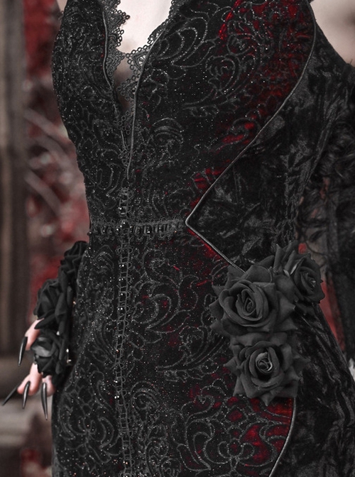 Scarlet Blood Peak Series Gothic Punk Black Heart Velvet Glitter Jacquard Lace Sexy Fishtail Tube Top Dress