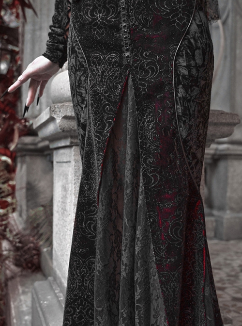 Scarlet Blood Peak Series Gothic Punk Black Heart Velvet Glitter Jacquard Lace Sexy Fishtail Tube Top Dress