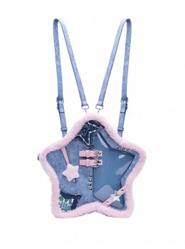 Denim Blue Pink Contrast Five Pointed Star Shape Raw Edge Leather Buckle Rivet Decoration Kawaii Fashion Bag