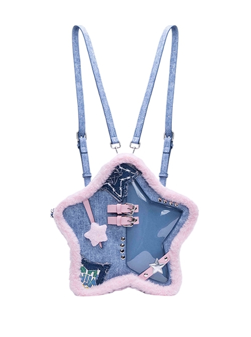 Denim Blue Pink Contrast Five Pointed Star Shape Raw Edge Leather Buckle Rivet Decoration Kawaii Fashion Bag