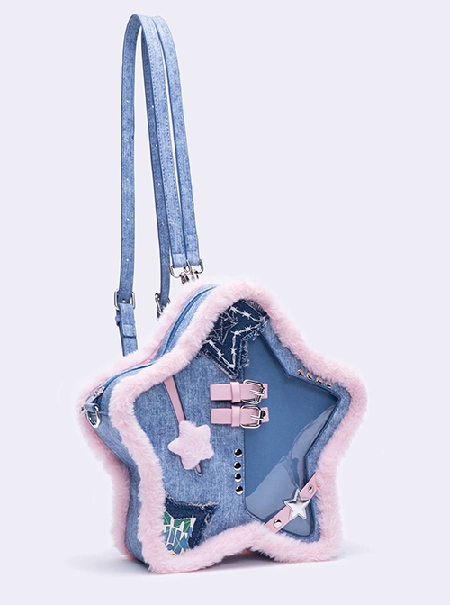 Denim Blue Pink Contrast Five Pointed Star Shape Raw Edge Leather Buckle Rivet Decoration Kawaii Fashion Bag