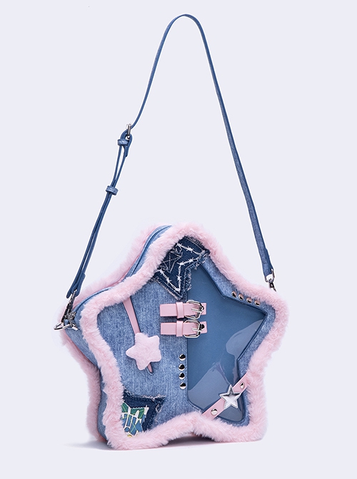 Denim Blue Pink Contrast Five Pointed Star Shape Raw Edge Leather Buckle Rivet Decoration Kawaii Fashion Bag