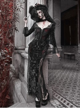 Scarlet Blood Peak Series Gothic Punk Black  Glitter Spider Web Semi Transparent Lace Fishtail Large Round Neck Dress