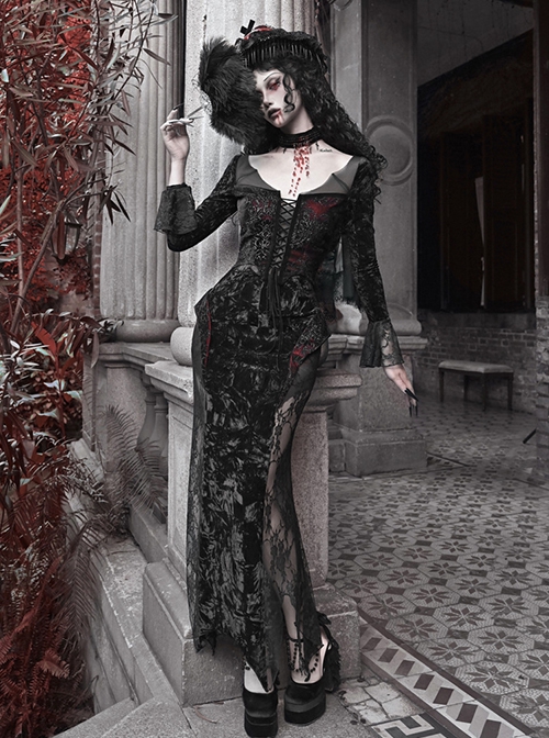 Scarlet Blood Peak Series Gothic Punk Black  Glitter Spider Web Semi Transparent Lace Fishtail Large Round Neck Dress