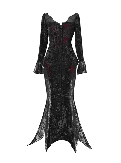 Scarlet Blood Peak Series Gothic Punk Black  Glitter Spider Web Semi Transparent Lace Fishtail Large Round Neck Dress