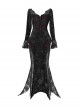 Scarlet Blood Peak Series Gothic Punk Black  Glitter Spider Web Semi Transparent Lace Fishtail Large Round Neck Dress