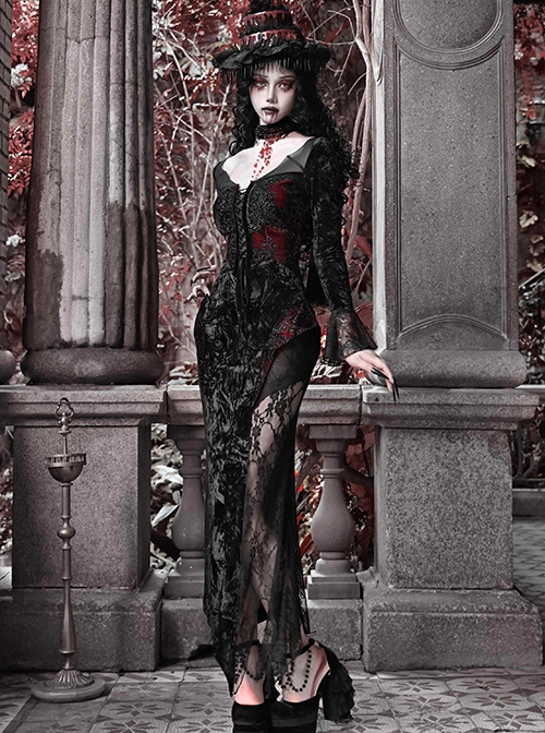 Scarlet Blood Peak Series Gothic Punk Black  Glitter Spider Web Semi Transparent Lace Fishtail Large Round Neck Dress