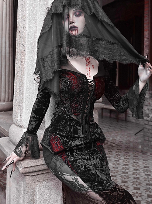 Scarlet Blood Peak Series Gothic Punk Black  Glitter Spider Web Semi Transparent Lace Fishtail Large Round Neck Dress