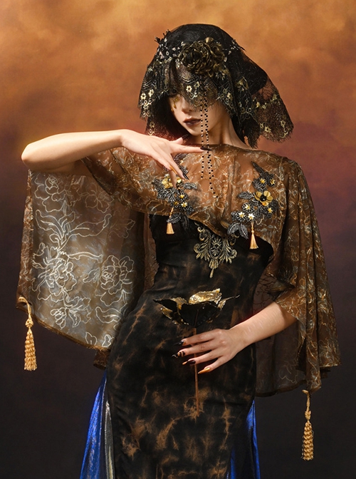 Gilded Gorgeous Noble Classic Palace Mercerized Brown Gothic Punk Ruffles Backless Short Cape