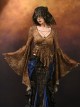 Gilded Gorgeous Mercerized Brown Gothic Punk Embroidered V Neck Mesh Classic European Shirt Ruffled Top