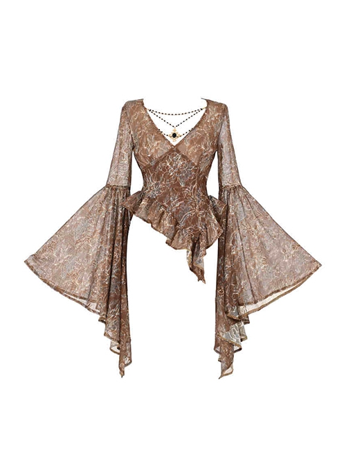 Gilded Gorgeous Mercerized Brown Gothic Punk Embroidered V Neck Mesh Classic European Shirt Ruffled Top