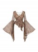 Gilded Gorgeous Mercerized Brown Gothic Punk Embroidered V Neck Mesh Classic European Shirt Ruffled Top