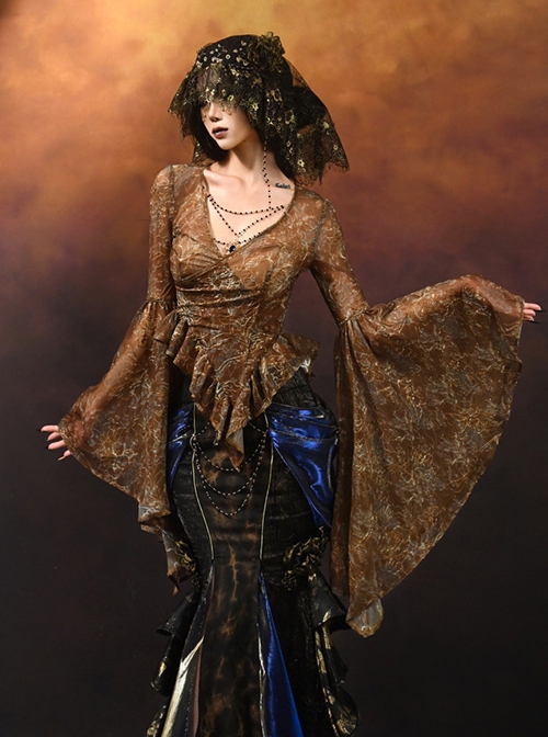 Gilded Gorgeous Mercerized Brown Gothic Punk Embroidered V Neck Mesh Classic European Shirt Ruffled Top