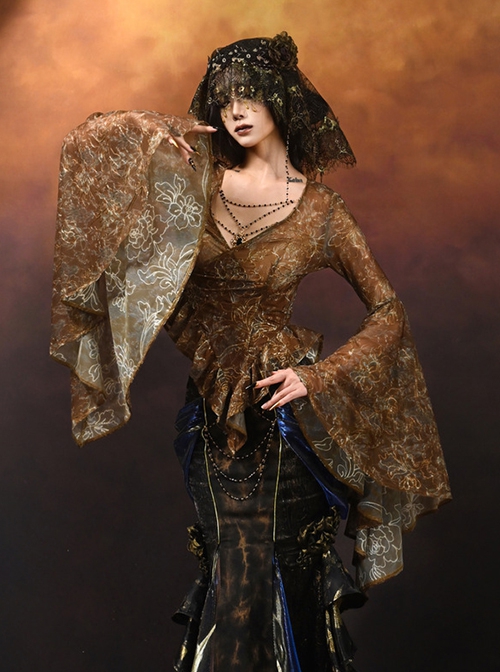 Gilded Gorgeous Mercerized Brown Gothic Punk Embroidered V Neck Mesh Classic European Shirt Ruffled Top