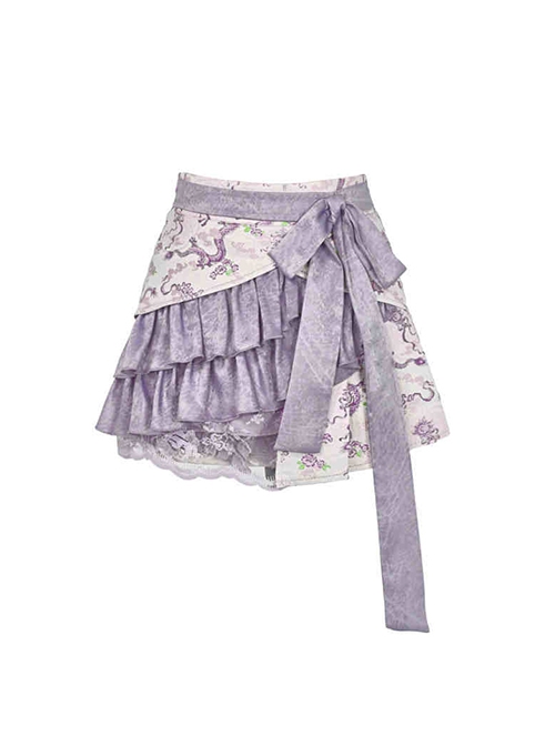 Agarwood Series Jacquard New Chinese Style Kawaii Fashion Light Purple Asymmetric Design Pleated Skirt