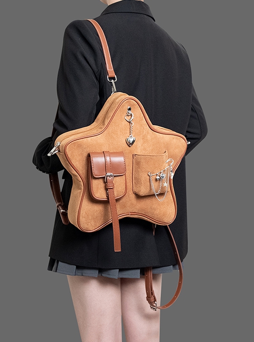 Retro Brown Five Pointed Star Pendant Brooch Decoration Multi Pocket Kawaii Fashion Shoulder Crossbody bag