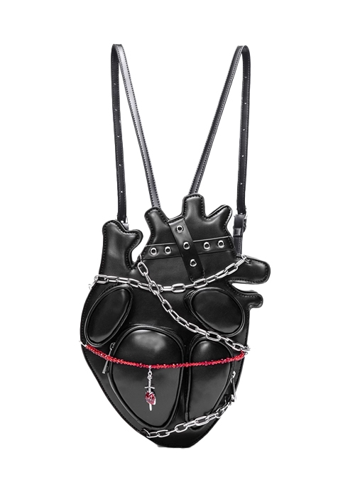 Black Dark Gothic Punk Style Metal Bondage Chain Heart Shape Kawaii Fashion Shoulder Crossbody Bag