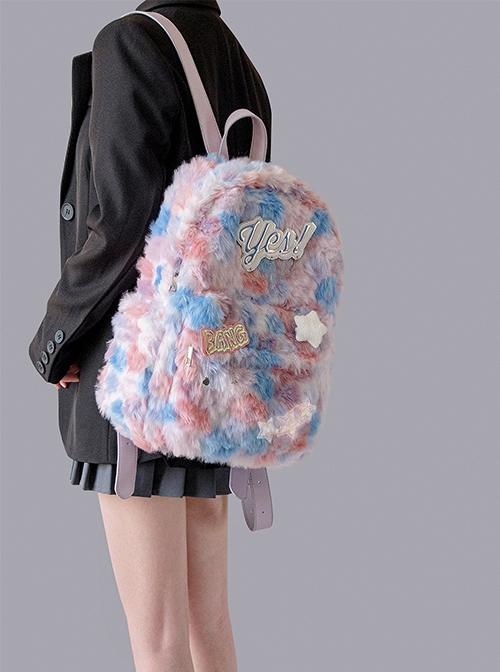 Blue Pink Laser Label Oil Painting Style Art College Style Kawaii Fashion Large Capacity Backpack