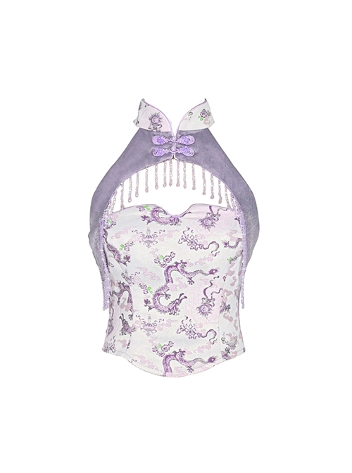 Agarwood Series Purple Dragon Pattern New Chinese Style Buttoned Halter Neck Sleeveless Cheongsam Slim Top