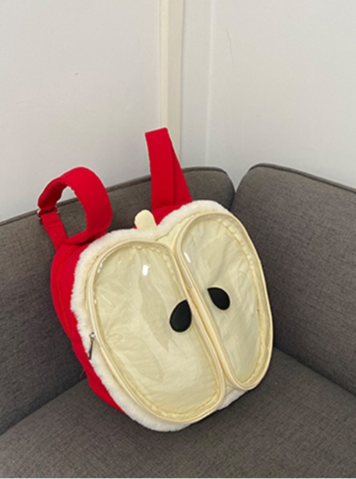 Red White Contrast Soft Plush Lightweight Cute Apple Shape Kawaii Fashion Large Capacity Backpack